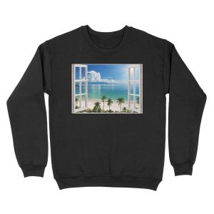 Beach Scene Open Windows Unisex Crewneck Sweatshirt
