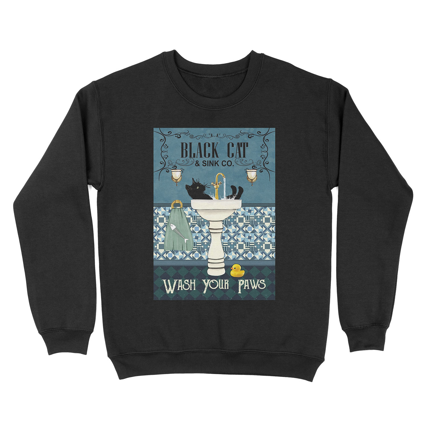 Black Cat Sink Co Wash Your Paws, Bathroom Decor, Black Cat Unisex Crewneck Sweatshirt