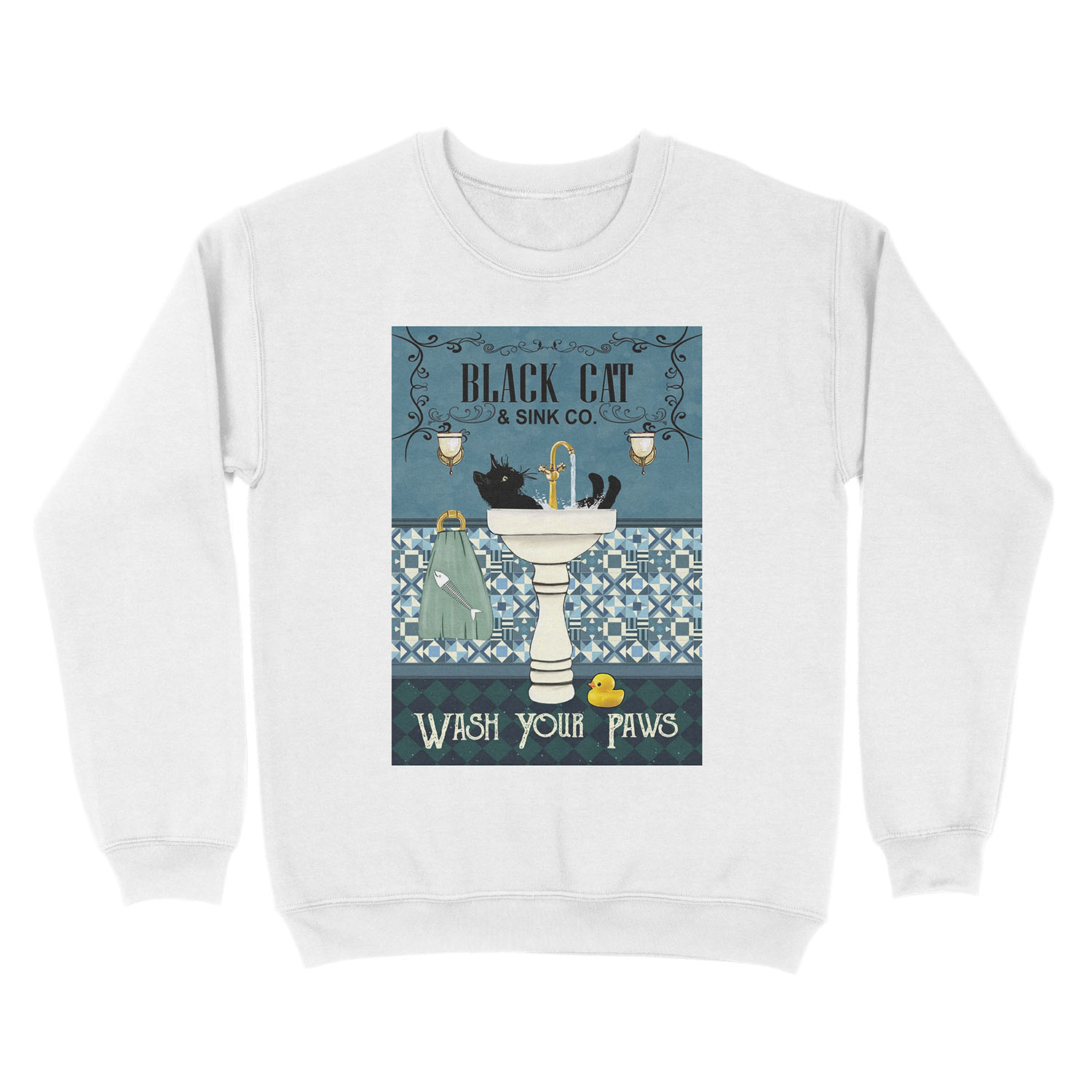 Black Cat Sink Co Wash Your Paws, Bathroom Decor, Black Cat Unisex Crewneck Sweatshirt - Image 2