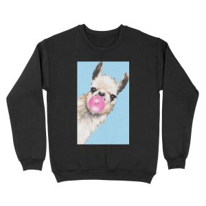 Bubble Gum Sneaky Llama in Blue Unisex Crewneck Sweatshirt