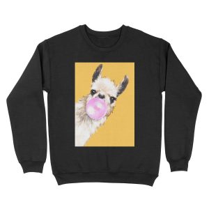 Bubble Gum Sneaky Llama in Mustard Yellow Unisex Crewneck Sweatshirt