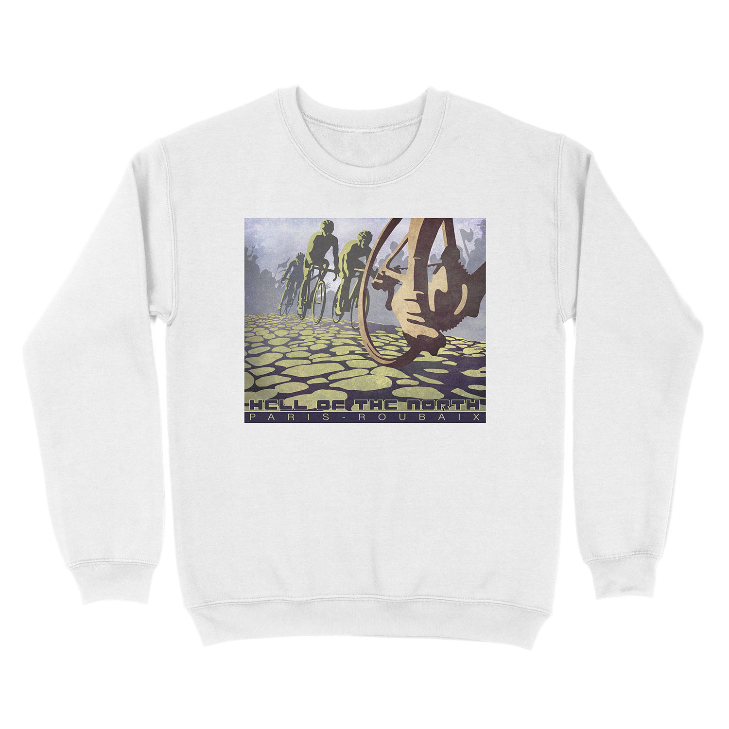 cycling illustration HELL OF THE NORTH retro Paris Roubaix Unisex Crewneck Sweatshirt - Image 2