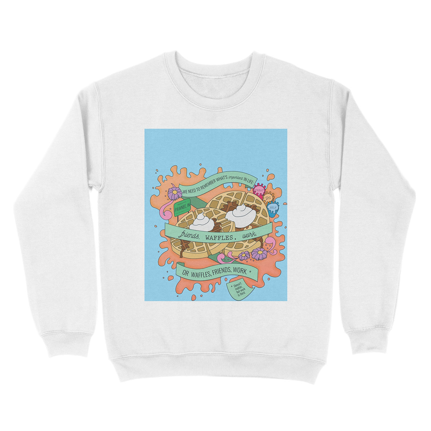 Friends, Waffles, Work. (Parks and Rec) Unisex Crewneck Sweatshirt - Image 2