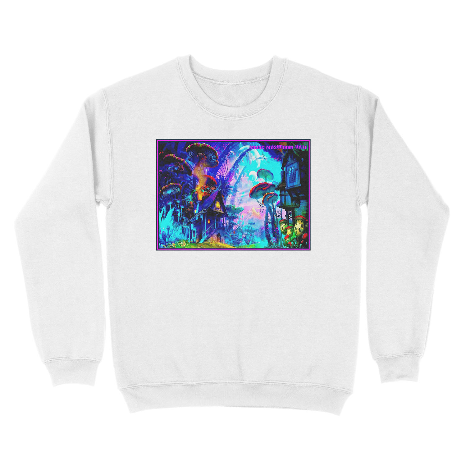 MAGIC MUSHROOM : Abstract Psychedelic Village Print Unisex Crewneck Sweatshirt - Image 2