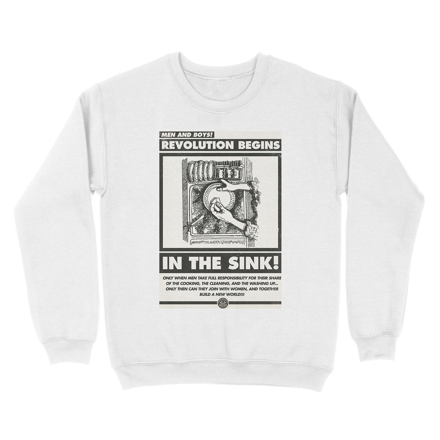 Men and Boys: Revolution Begins in the Sink! (IWW Vector Recreation, Proceeds to IWW) Unisex Crewneck Sweatshirt - Image 2