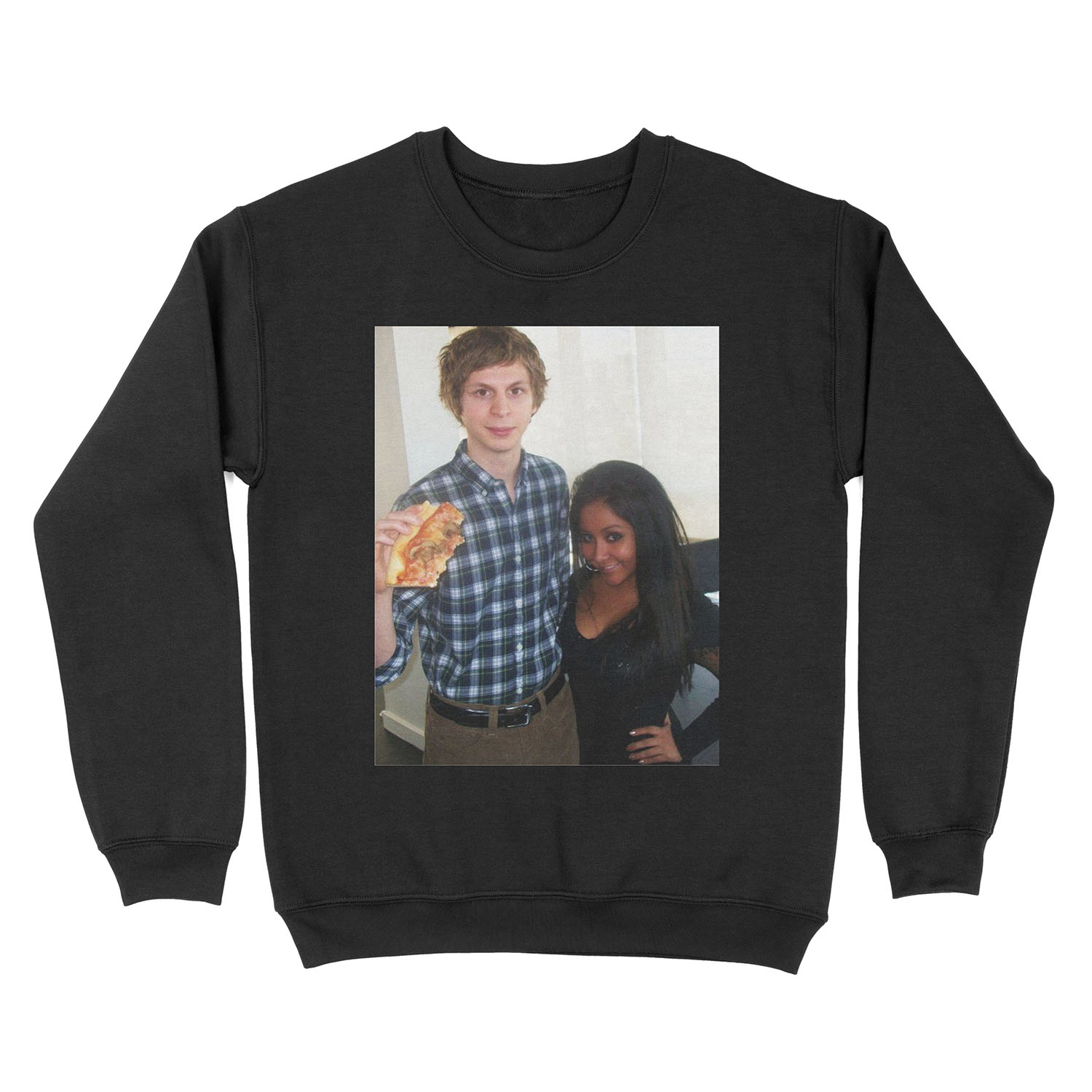 michael cera holding a large pizza next to snooki Unisex Crewneck Sweatshirt