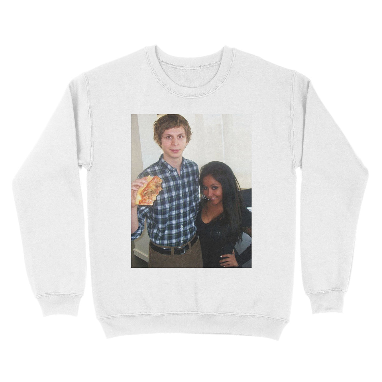michael cera holding a large pizza next to snooki Unisex Crewneck Sweatshirt - Image 2