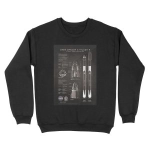 NASA SpaceX Crew Dragon Spacecraft & Falcon 9 Rocket Blueprint in High Resolution (black) Unisex Crewneck Sweatshirt