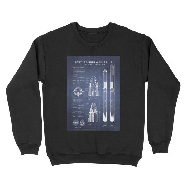 NASA SpaceX Crew Dragon Spacecraft & Falcon 9 Rocket Blueprint in High Resolution (dark blue) Unisex Crewneck Sweatshirt