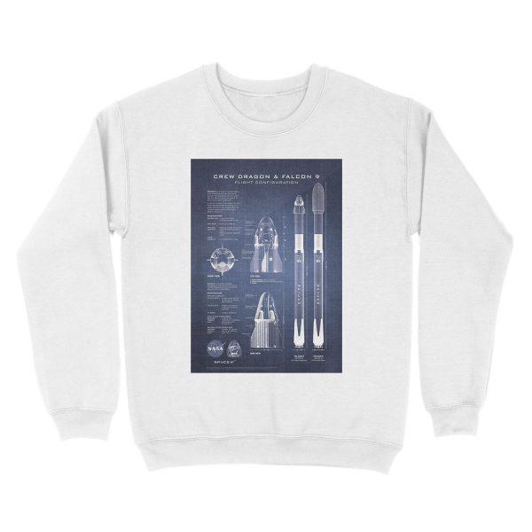 NASA SpaceX Crew Dragon Spacecraft & Falcon 9 Rocket Blueprint in High Resolution (dark blue) Unisex Crewneck Sweatshirt - Image 2