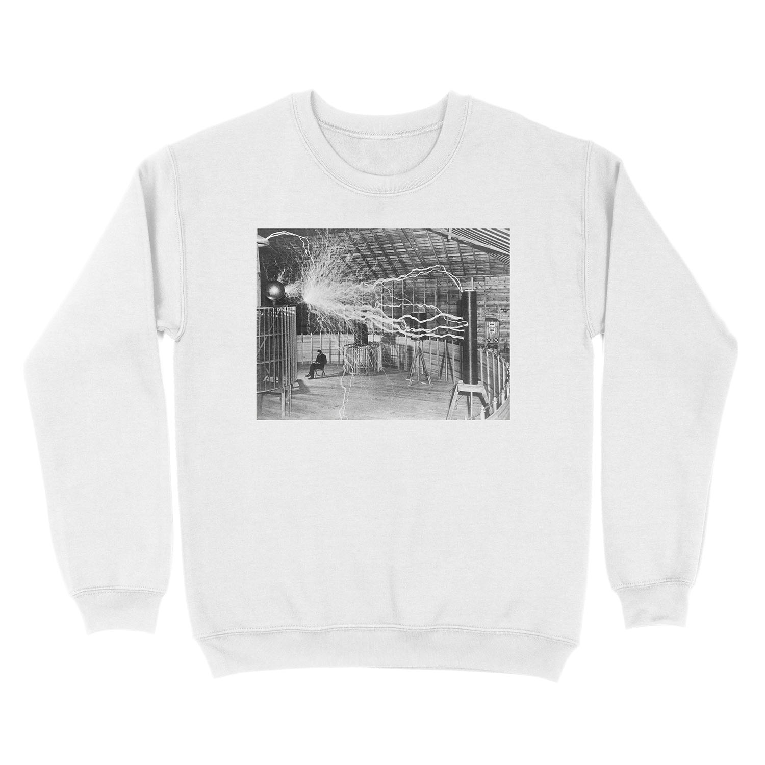 Nikola Tesla with his equipment (June 17, 1901) Unisex Crewneck Sweatshirt - Image 2