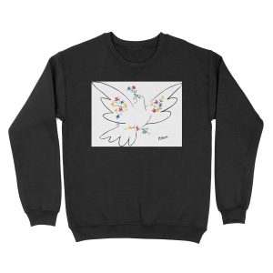 Pablo Picasso Line Art Dove of Peace with Colorful Flowers Naive Artwork Sketch Hand Drawn ink Silhouette HD High Quality Unisex Crewneck Sweatshirt