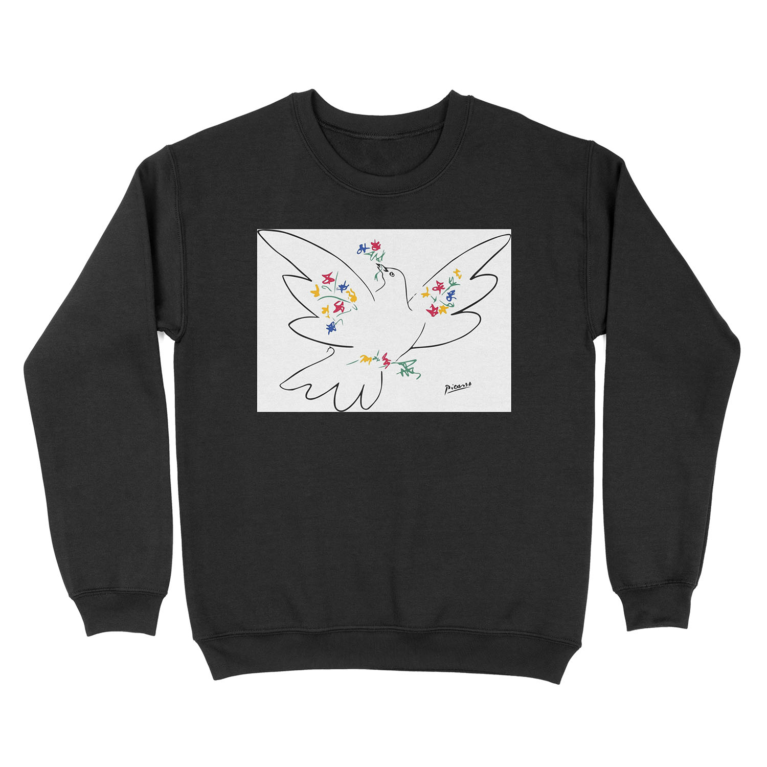 Pablo Picasso Line Art Dove of Peace with Colorful Flowers Naive Artwork Sketch Hand Drawn ink Silhouette HD High Quality Unisex Crewneck Sweatshirt
