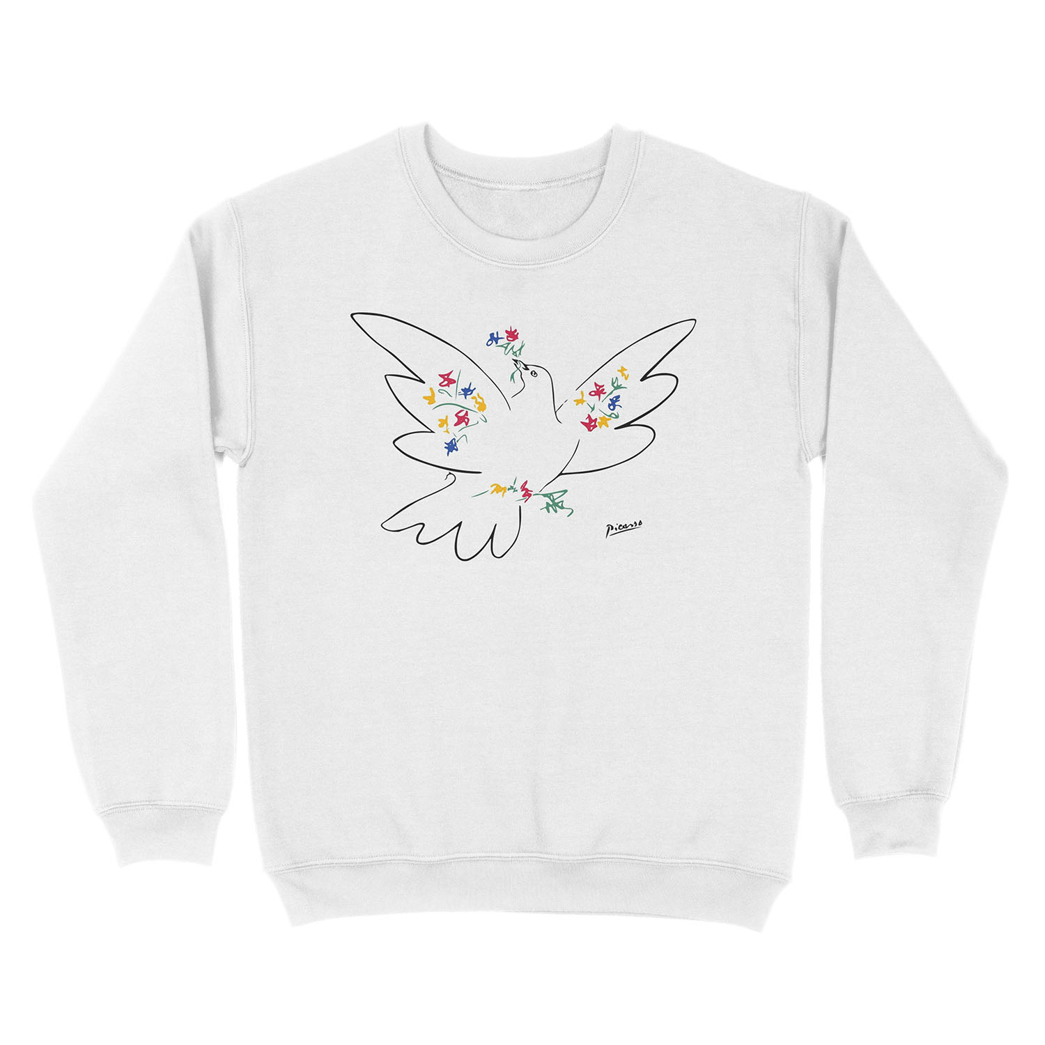 Pablo Picasso Line Art Dove of Peace with Colorful Flowers Naive Artwork Sketch Hand Drawn ink Silhouette HD High Quality Unisex Crewneck Sweatshirt - Image 2