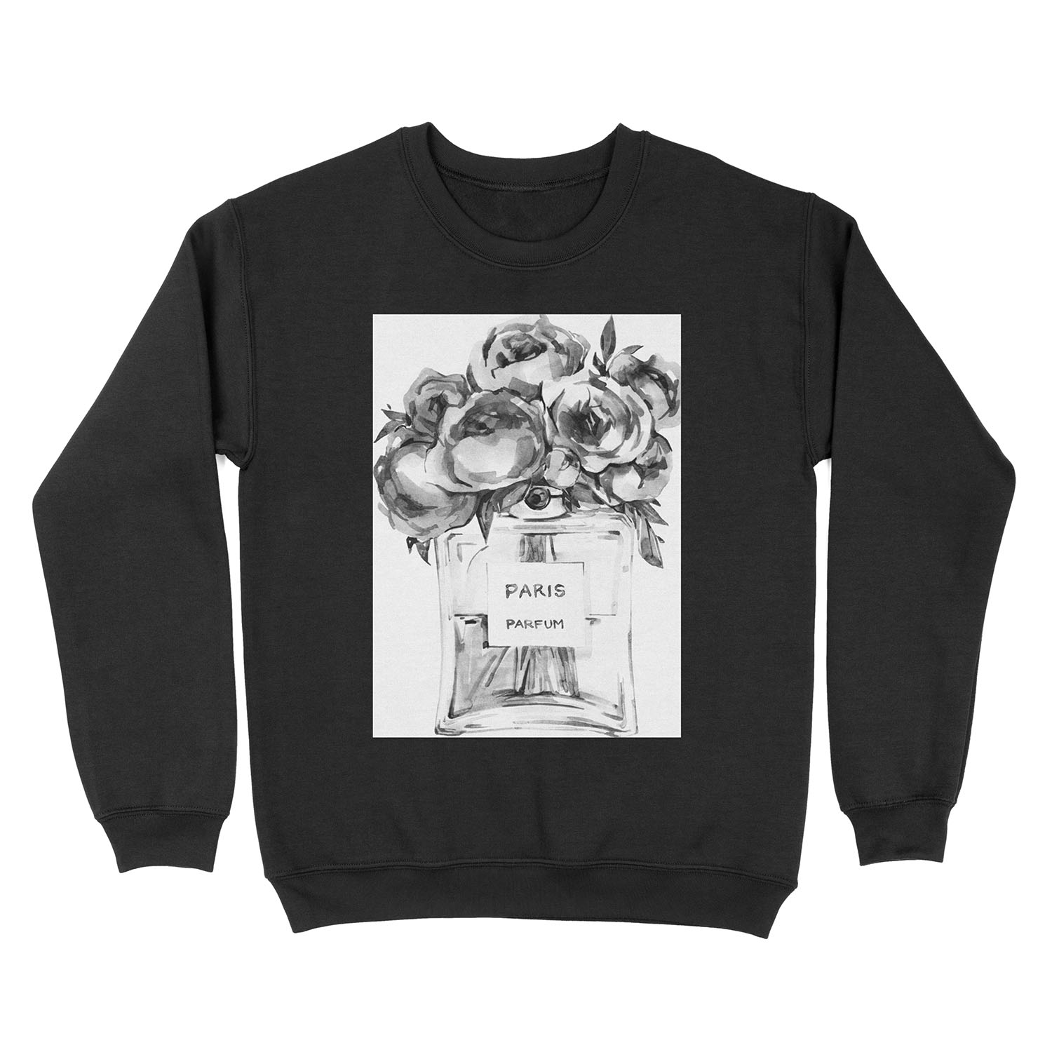 Perfume Bottle Watercolor Painting With Black and White Flowers Unisex Crewneck Sweatshirt