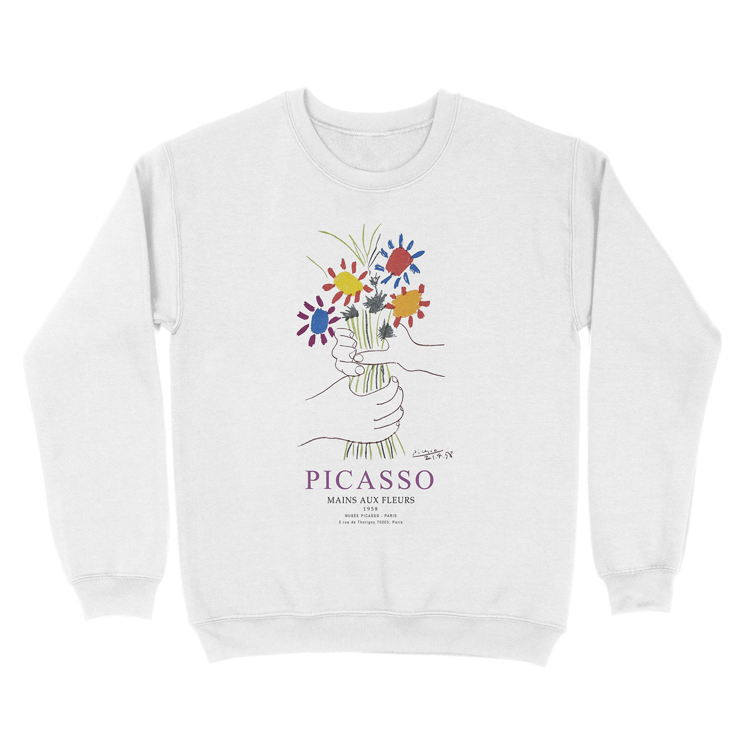 Picasso Exhibition - Mains Aus Fleurs (Hands with Flowers) 1958 Artwork Unisex Crewneck Sweatshirt - Image 2