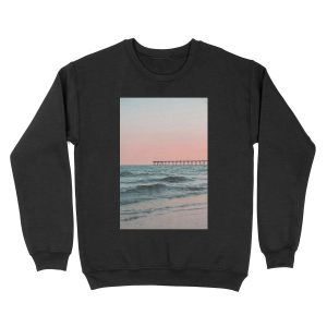 Pink Sky with Boardwalk Along the Ocean Unisex Crewneck Sweatshirt
