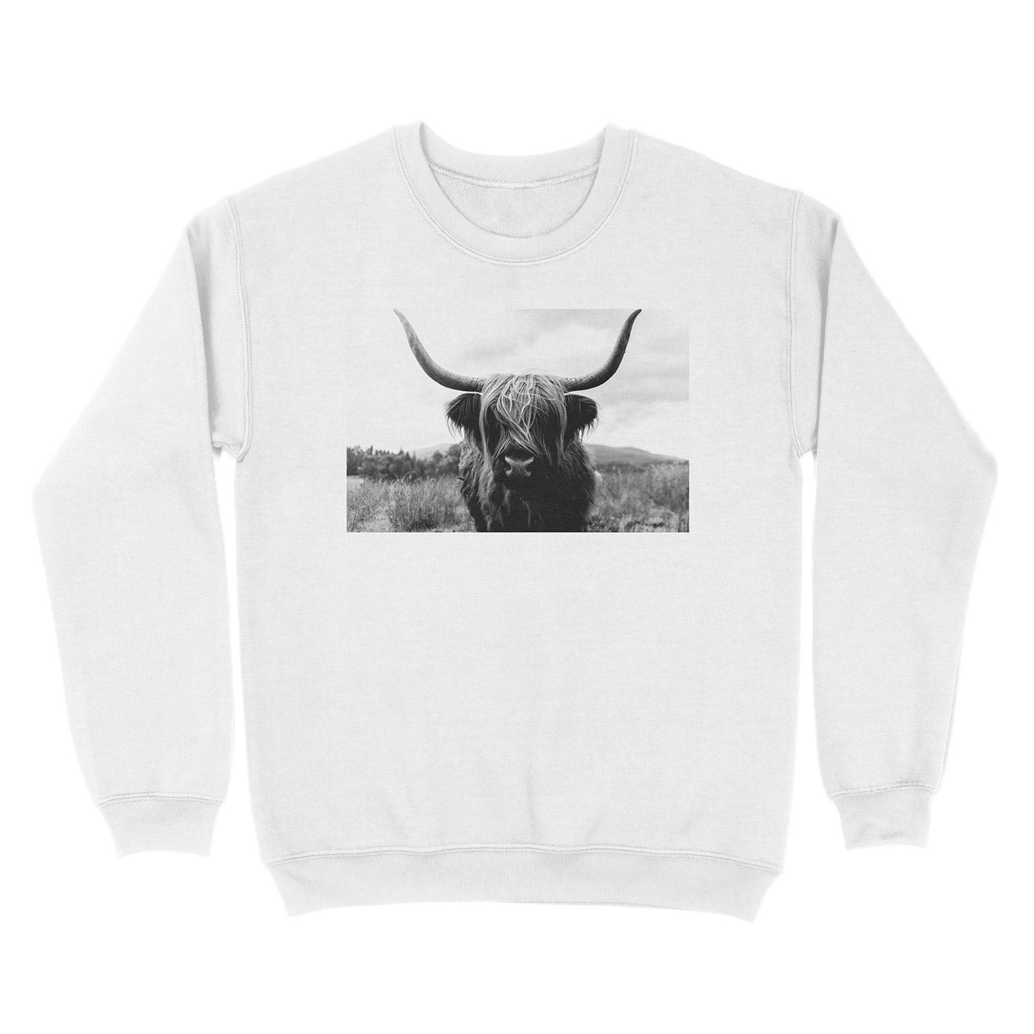 Scottish Highland Cattle - Black and White Animal Photography Unisex Crewneck Sweatshirt - Image 2