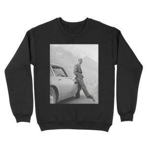 Sean Connery and Sports Car, Black and White Vintage Art Unisex Crewneck Sweatshirt
