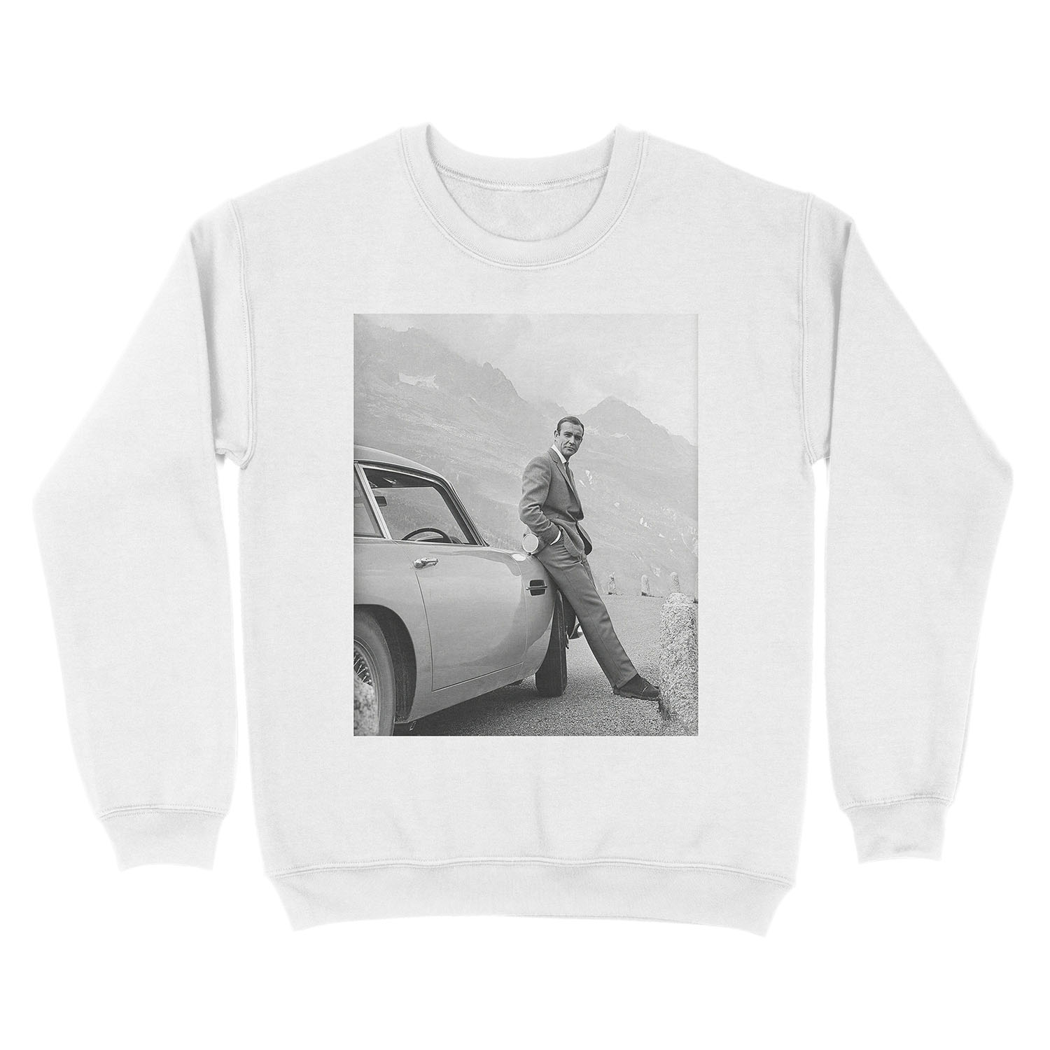 Sean Connery and Sports Car, Black and White Vintage Art Unisex Crewneck Sweatshirt - Image 2
