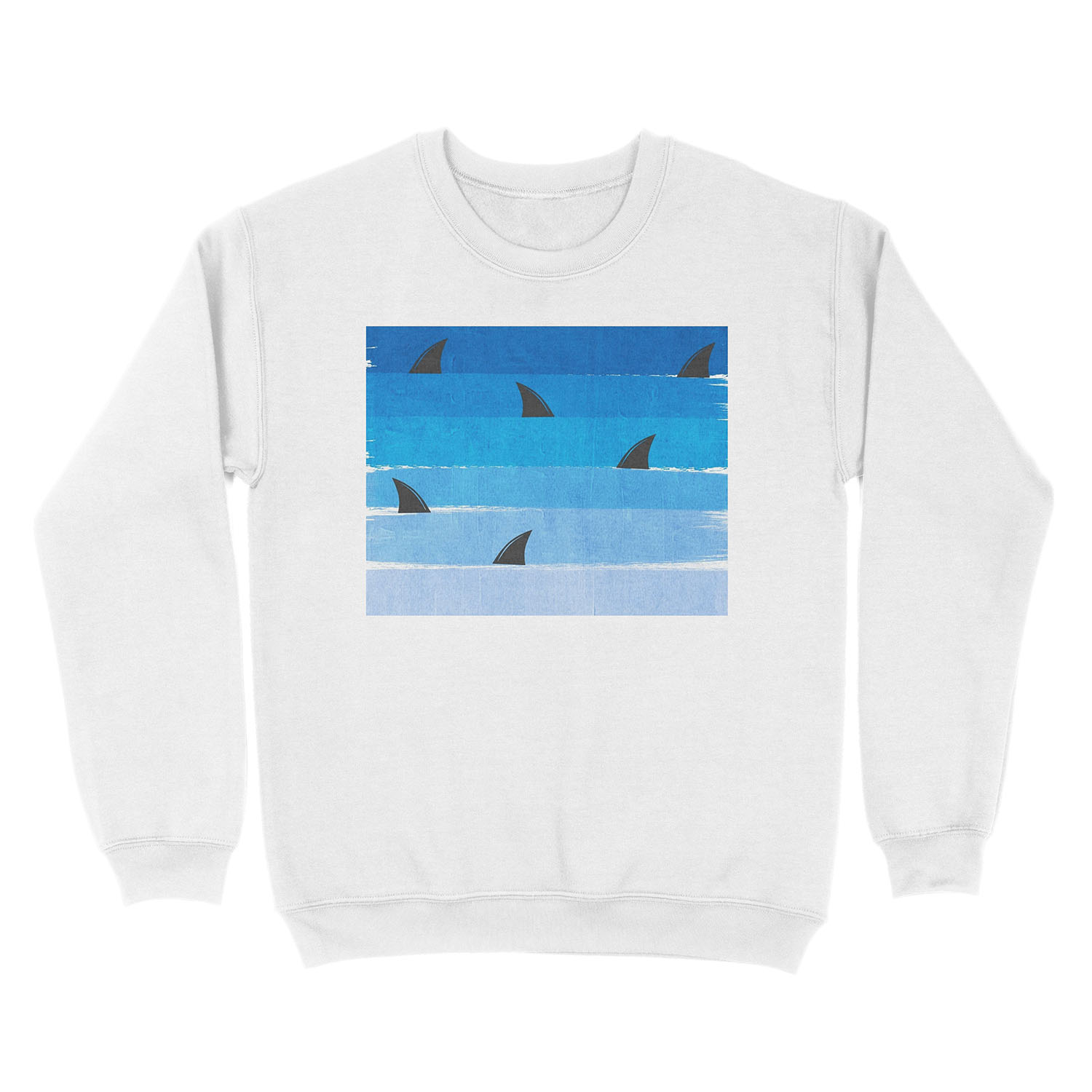 Sharks - shark week trendy black and white minimal kids pattern print ombre blue ocean surfing Unisex Crewneck Sweatshirt - Image 2