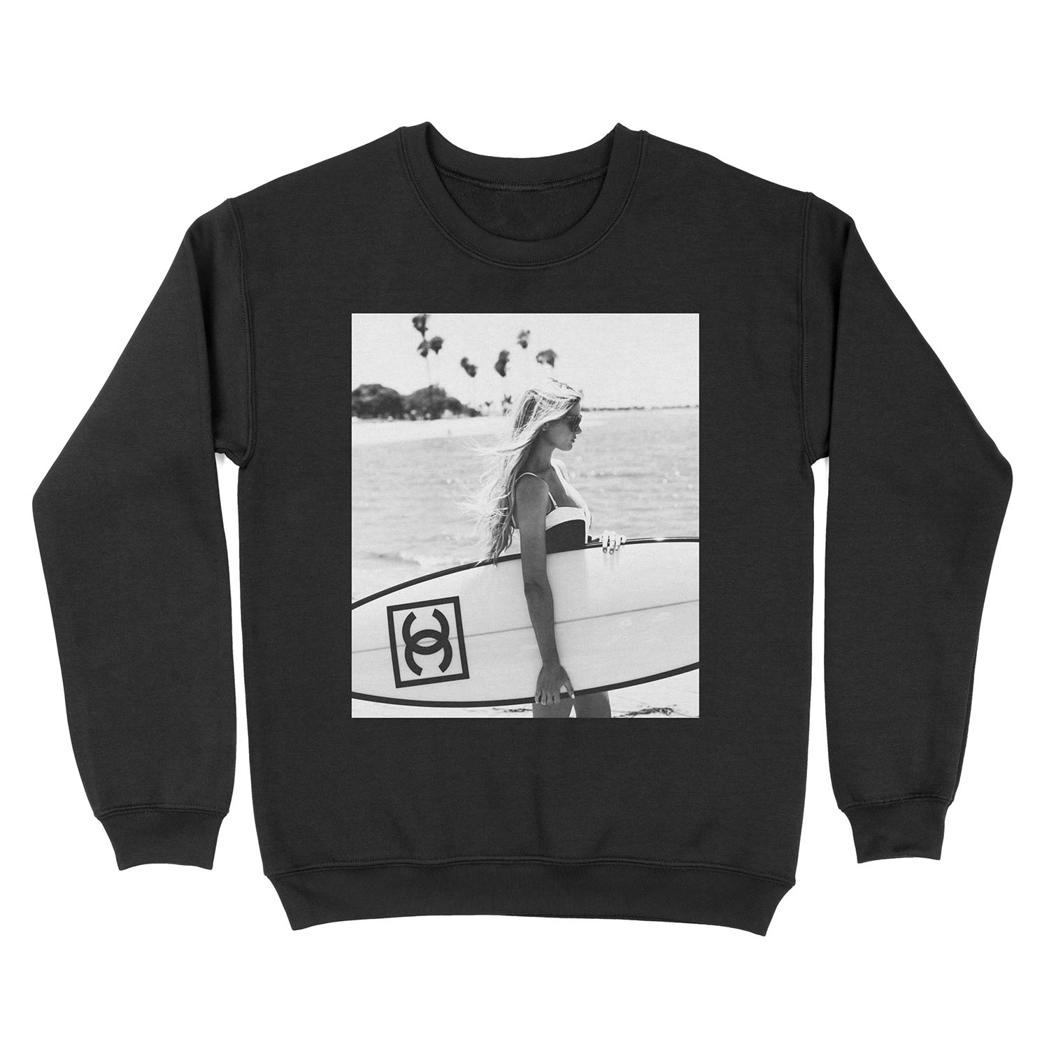 Surf girl with fashion surfboard, Beach Wall Art Unisex Crewneck Sweatshirt