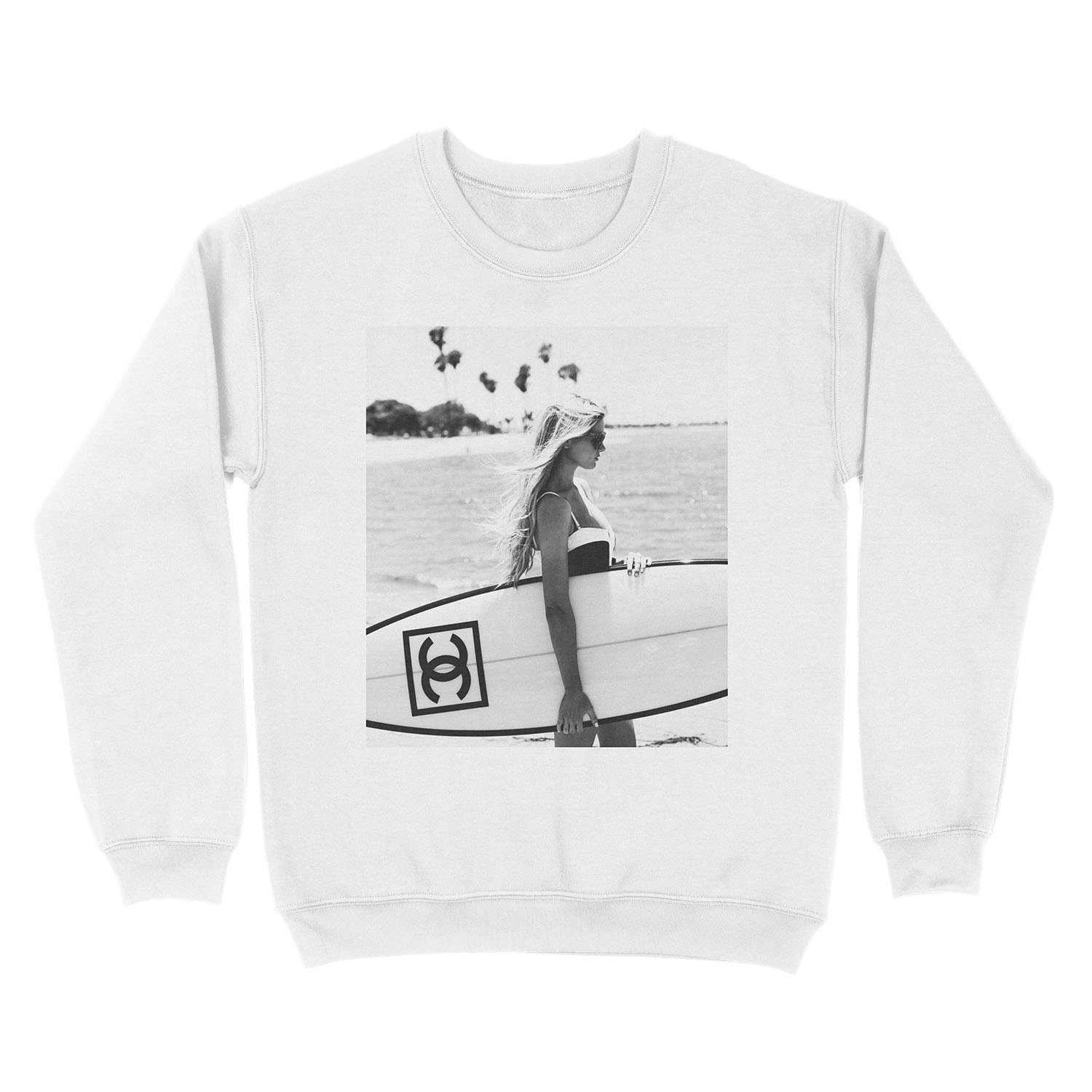 Surf girl with fashion surfboard, Beach Wall Art Unisex Crewneck Sweatshirt - Image 2