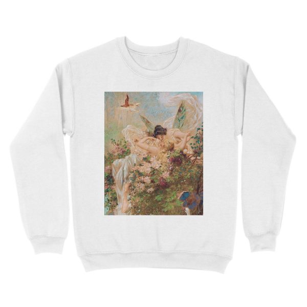 Two Fairies Embracing in a Landscape with a Swan // Hans Zatzka Unisex Crewneck Sweatshirt - Image 2