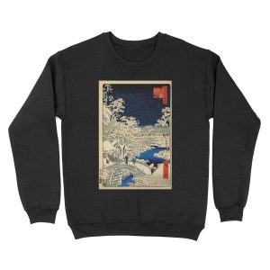 Ukiyo-e, Ando Hiroshige Yuhi Hill and the Drum Bridge at Meguro (1856- 1858) Unisex Crewneck Sweatshirt