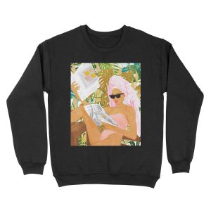 Vacay News, Tropical Modern Bohemian Illustration, Travel Woman Fashion Newspaper Painting Unisex Crewneck Sweatshirt