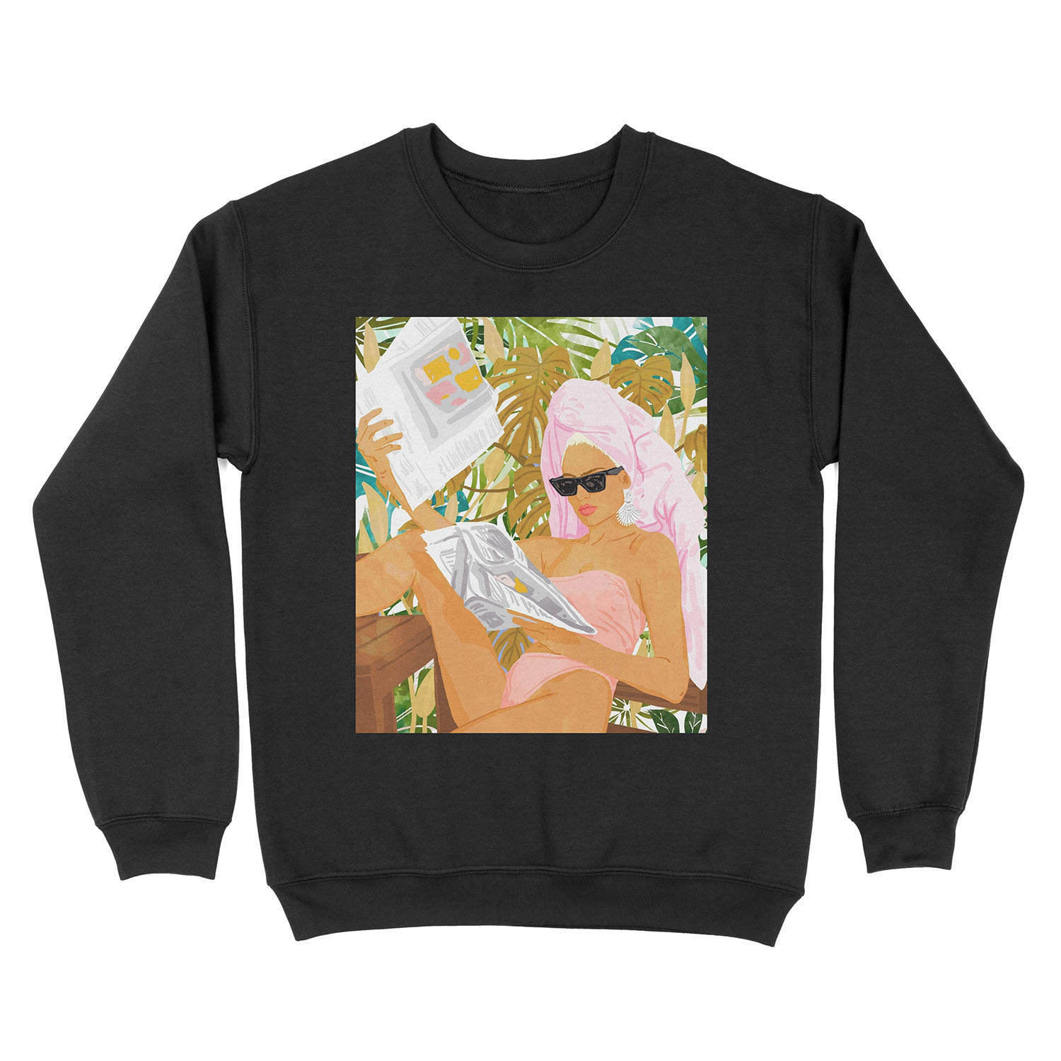 Vacay News, Tropical Modern Bohemian Illustration, Travel Woman Fashion Newspaper Painting Unisex Crewneck Sweatshirt