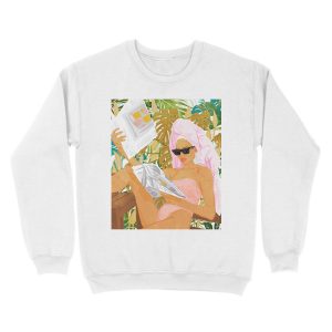 Alternative view of Vacay News, Tropical Modern Bohemian Illustration, Travel Woman Fashion Newspaper Painting Unisex Crewneck Sweatshirt