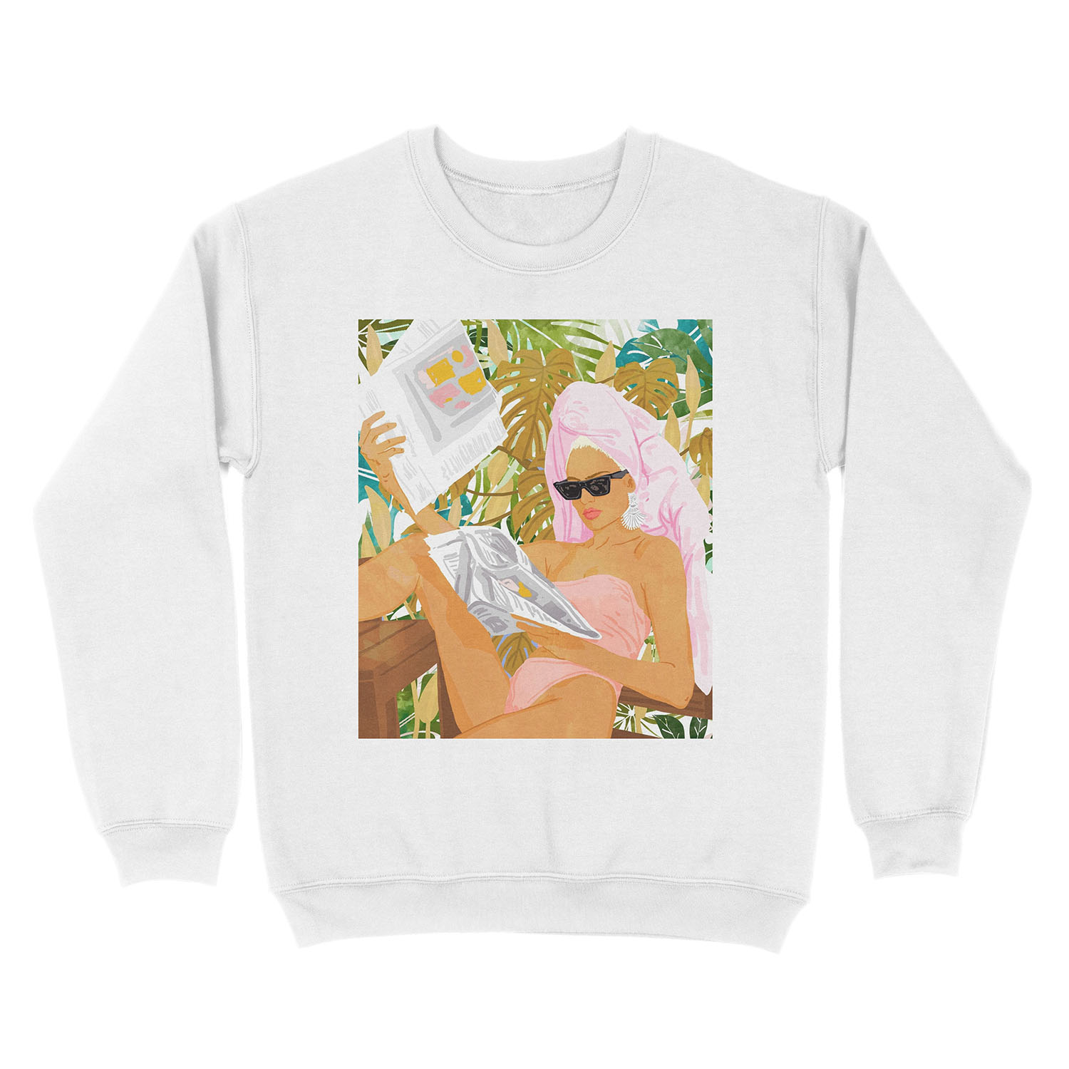 Vacay News, Tropical Modern Bohemian Illustration, Travel Woman Fashion Newspaper Painting Unisex Crewneck Sweatshirt - Image 2