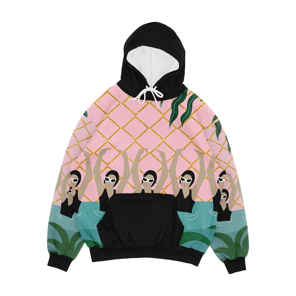 Artistic Synchro Swimmers By Ocean And Stars Abstract Illustration Tropical Plant Pool Summer Men's All-Over-Print Hoodie