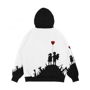 Alternative view of Banksy Graffiti Children Boy And Girl With Heart Balloon On A Pile Of Weapons Art For Kids Just A Platform Hd Men's All-Over-Print Hoodie