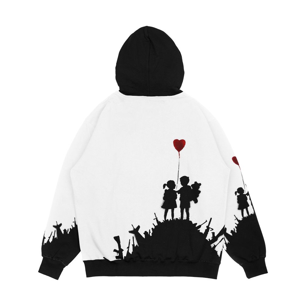 Banksy Graffiti Children Boy And Girl With Heart Balloon On A Pile Of Weapons Art For Kids Just A Platform Hd Men's All-Over-Print Hoodie - Image 2