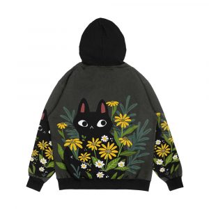 Alternative view of Black Cat With Flowers Men's All-Over-Print Hoodie