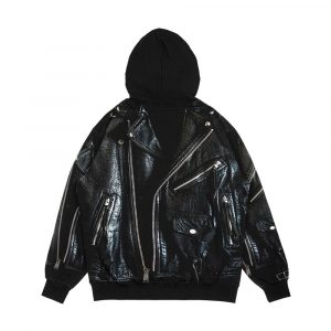 Alternative view of Black Leather Jacket Men's All-Over-Print Hoodie