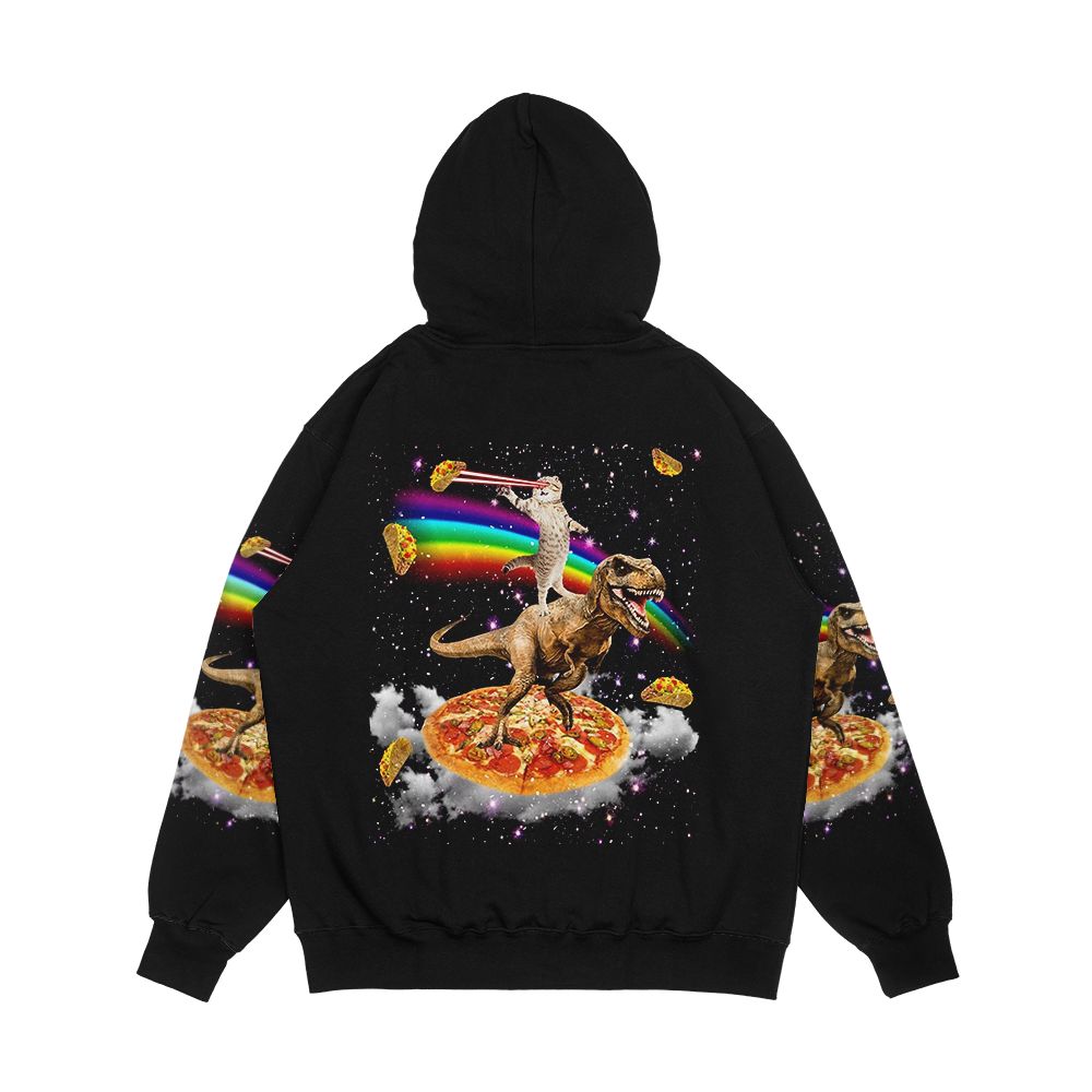 Galaxy Laser Eye Cat On Dinosaur On Pizza With Tacos And Rainbow Men's All-Over-Print Hoodie - Image 2