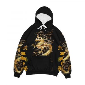 Gold Dragon In Black Egret Lotus Green Gold Floral Men's All-Over-Print Hoodie
