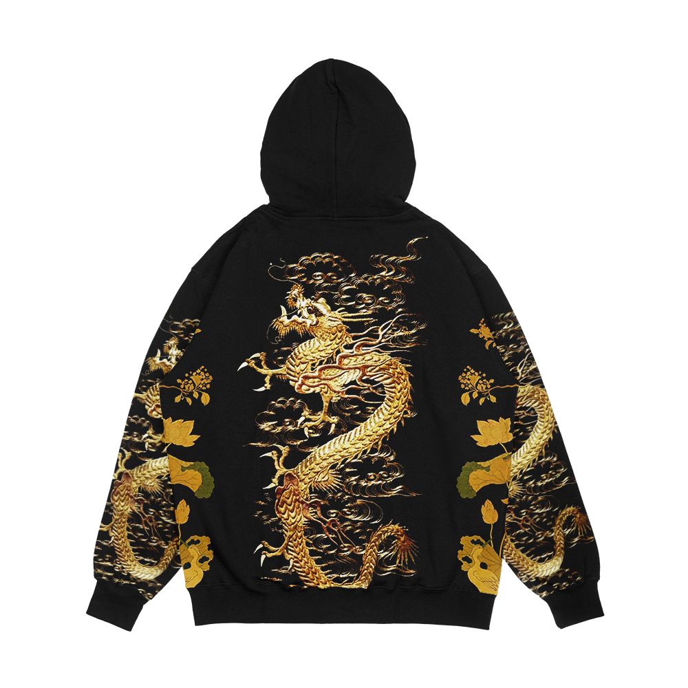 Gold Dragon In Black Egret Lotus Green Gold Floral Men's All-Over-Print Hoodie - Image 2