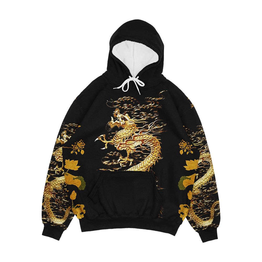 Gold Dragon In Black Egret Lotus Green Gold Floral Men's All-Over-Print Hoodie