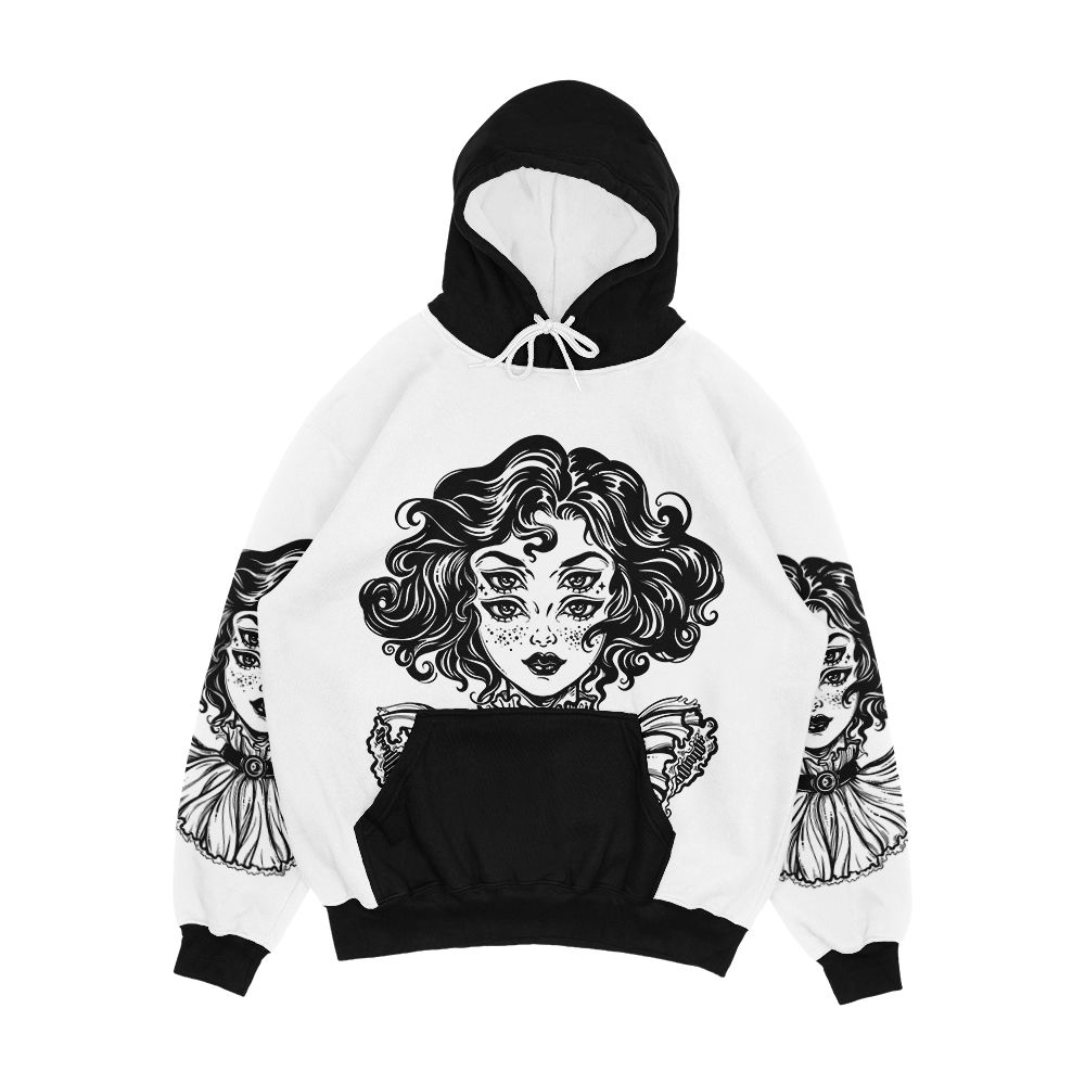 Gothic Witch Girl Head Portrait With Curly Hair And Four Eyes Men's All-Over-Print Hoodie