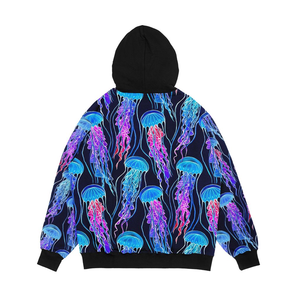 Luminescent Rainbow Jellyfish On Navy Blue Men's All-Over-Print Hoodie - Image 2
