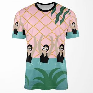 Artistic Synchro Swimmers By Ocean And Stars Abstract Illustration Tropical Plant Pool Summer All-over-print T-shirt