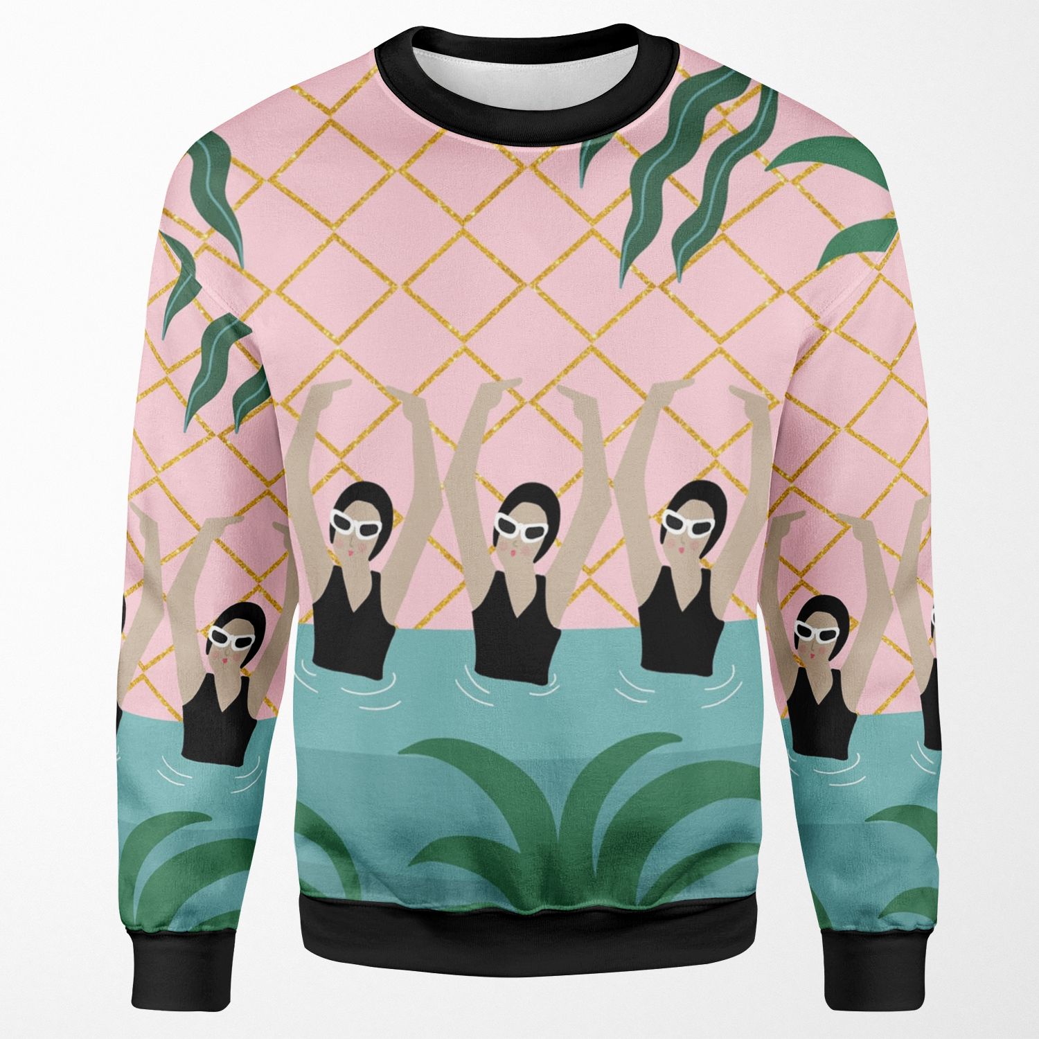 Artistic Synchro Swimmers By Ocean And Stars Abstract Illustration Tropical Plant Pool Summer All-over-print Unisex Sweatshirt