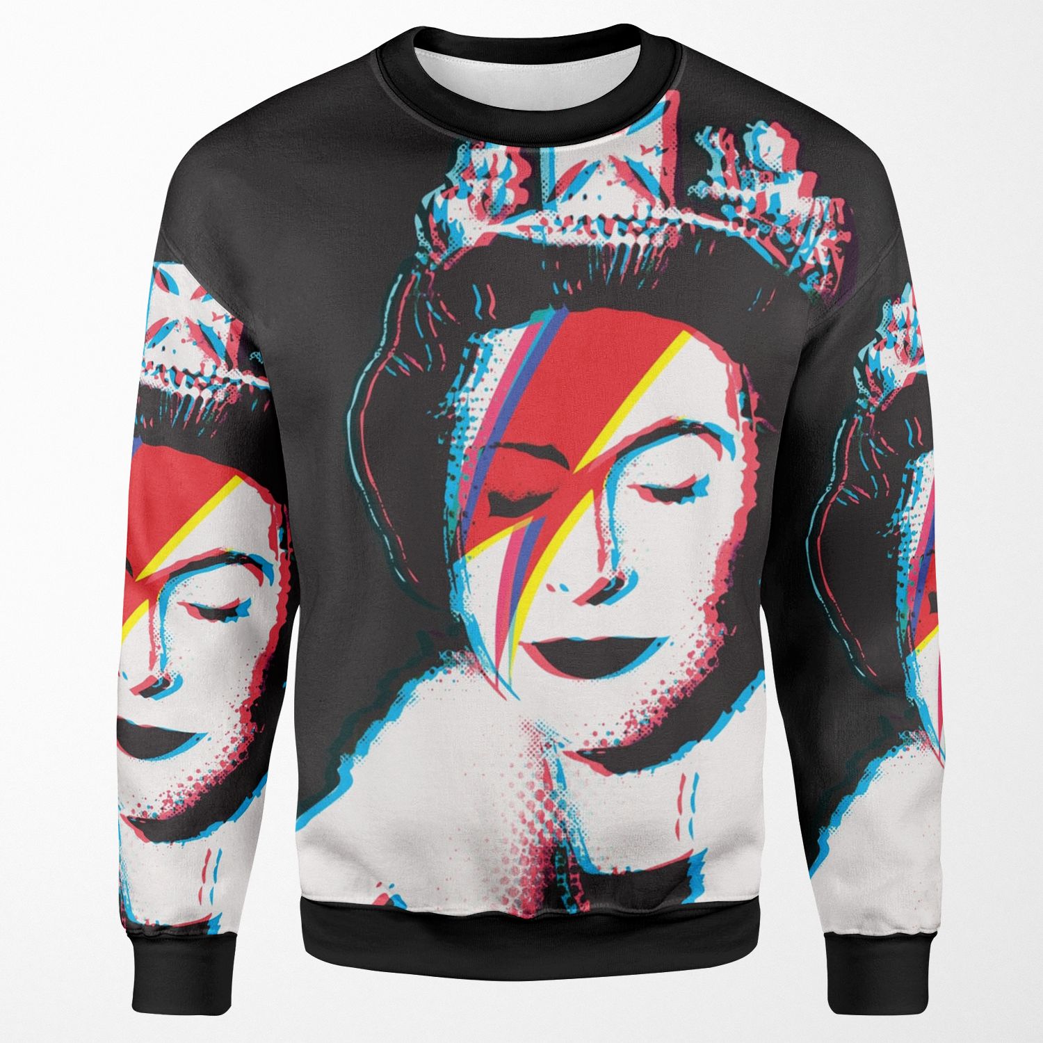 Banksy Uk England God Save The Queen Elisabeth Rockband Face Makeup Lightning Red And Blue 3D Anaglyph Retro Effect Hd High Quality Online Store All-over-print Unisex Sweatshirt