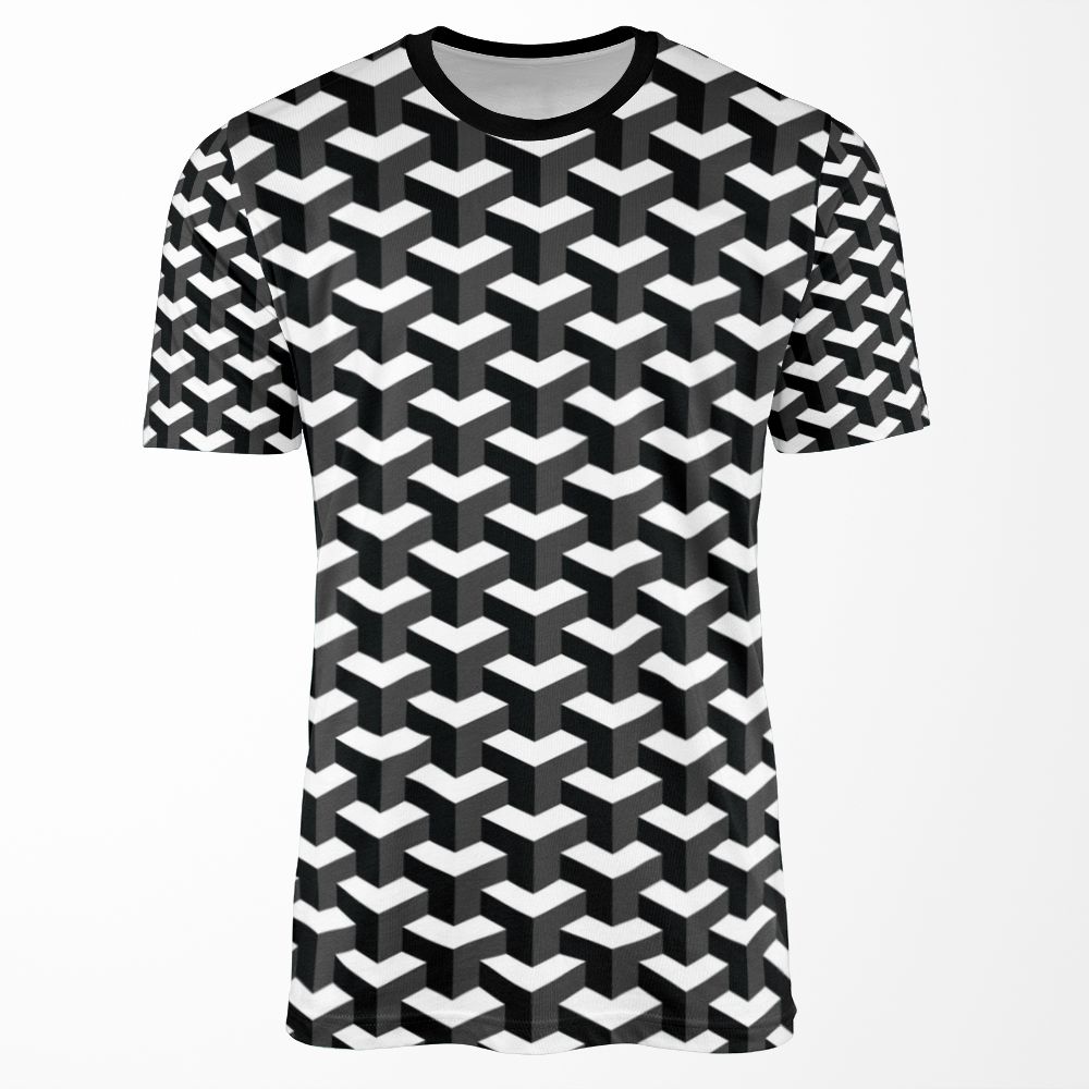 Black And White Cube Pattern 3D Effect All-over-print T-shirt