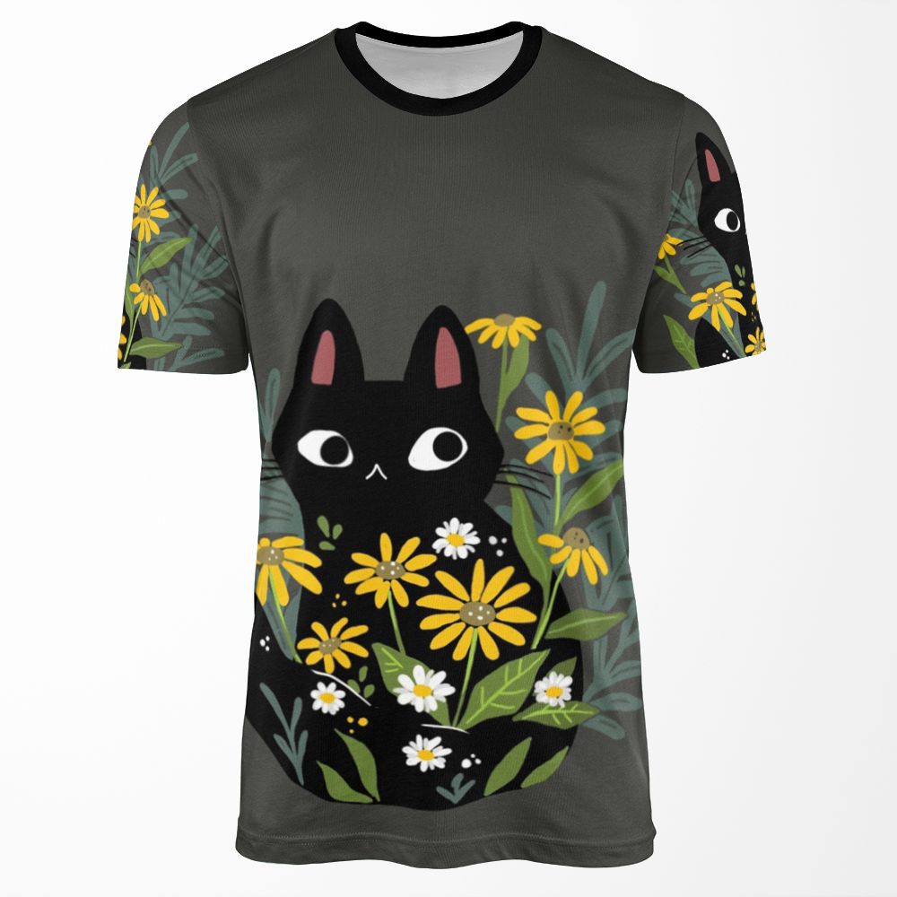 Black Cat With Flowers All-over-print T-shirt