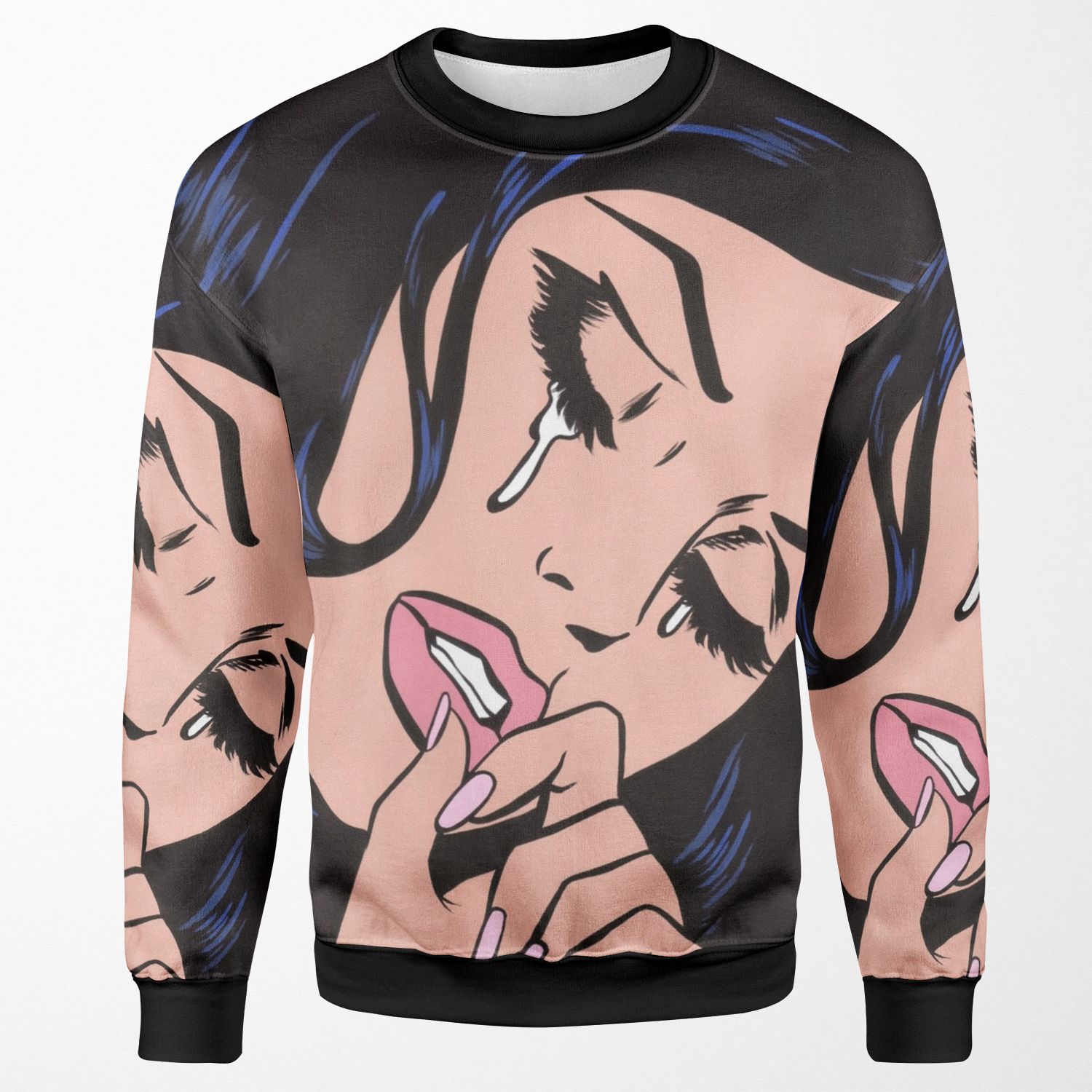 Black Hair Crying Comic Girl All-over-print Unisex Sweatshirt